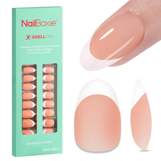 modelones Press on Nails, 150 Pcs French Tip Press on Nails, NailBoxie Brown Short Almond Nail Tips, Soft Gel Nail Tips, Ideal for Wedding, Party, Daily DIY Nail, 15 Sizes (S) | alldaygood beauty