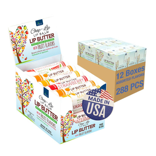 CHAP-LIP Original Lip Balm Hydrating Bulk Chap Stick with Fruit Flavors, Coconut Oil, Cocoa Butter - Christmas Gift Stocking Stuffers Lip Therapy Pack for Men and Women - Made in USA, 24 Pack x 12 Box