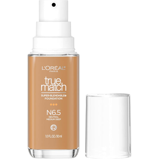 L'Oreal Paris True Match Super-Blendable Foundation, Medium Coverage Liquid Foundation Makeup, N6.5, Medium Deep, 1 Fl Oz | alldaygood beauty