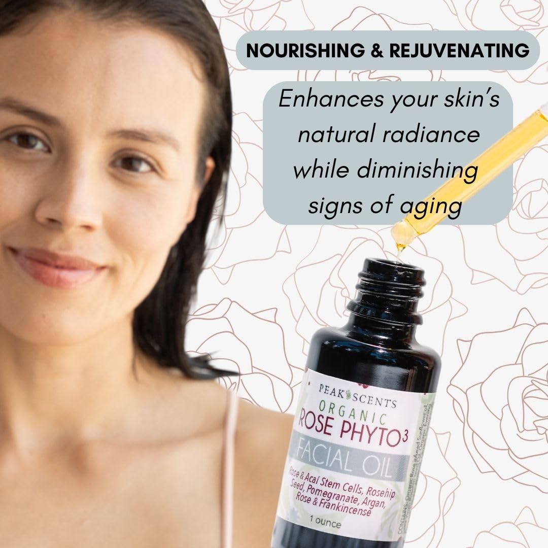 Organic Rose Phyto Facial Oil - Rosehip and Argan Oil Infused with Rose Extract and Frankincense Essential Oil - Ideal for Gua Sha Massage, Anti-Aging Face Oil (1oz)
