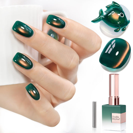 Double Rhythm 0.5 OZ Cat Eye Gel Polish with Magnet 15ML Holographic Glitter Shimmer Translucent Jelly Color Magnetic Nail Polish Salon DIY at Home (Golden Green-MC1287) | alldaygood beauty
