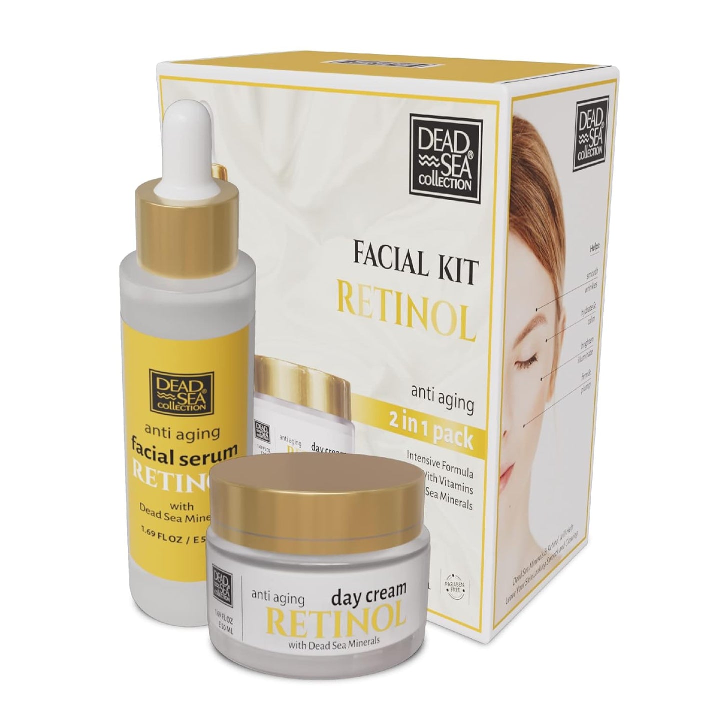 Dead Sea Collection Facial Kit Retinol - Day Cream (1.69fl.oz/50ml jar) & Facial Serum (1.69fl.oz/50ml bottle) - Pure Dead Sea Minerals - Anti-Wrinkle Hydration Smooth and Moisturized Skin