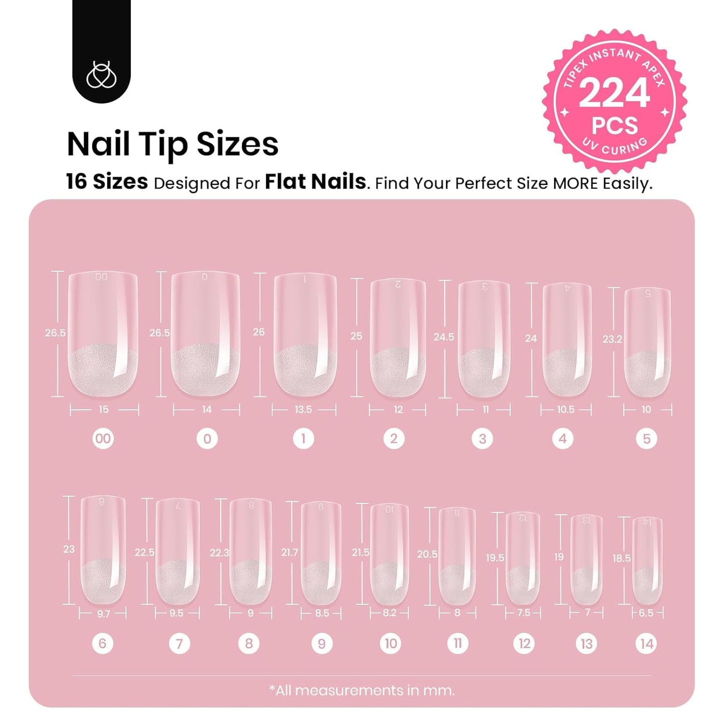 Beetles Tipex Nail Kit, Square Medium Nail Tips 224 Pcs 16 Sizes Pre-Etched Fake Nails with Tipex Nail Glue Mini Nail Lamp - Thick Acrylic Nail Set Pre-Builder Gel Press-on Nails