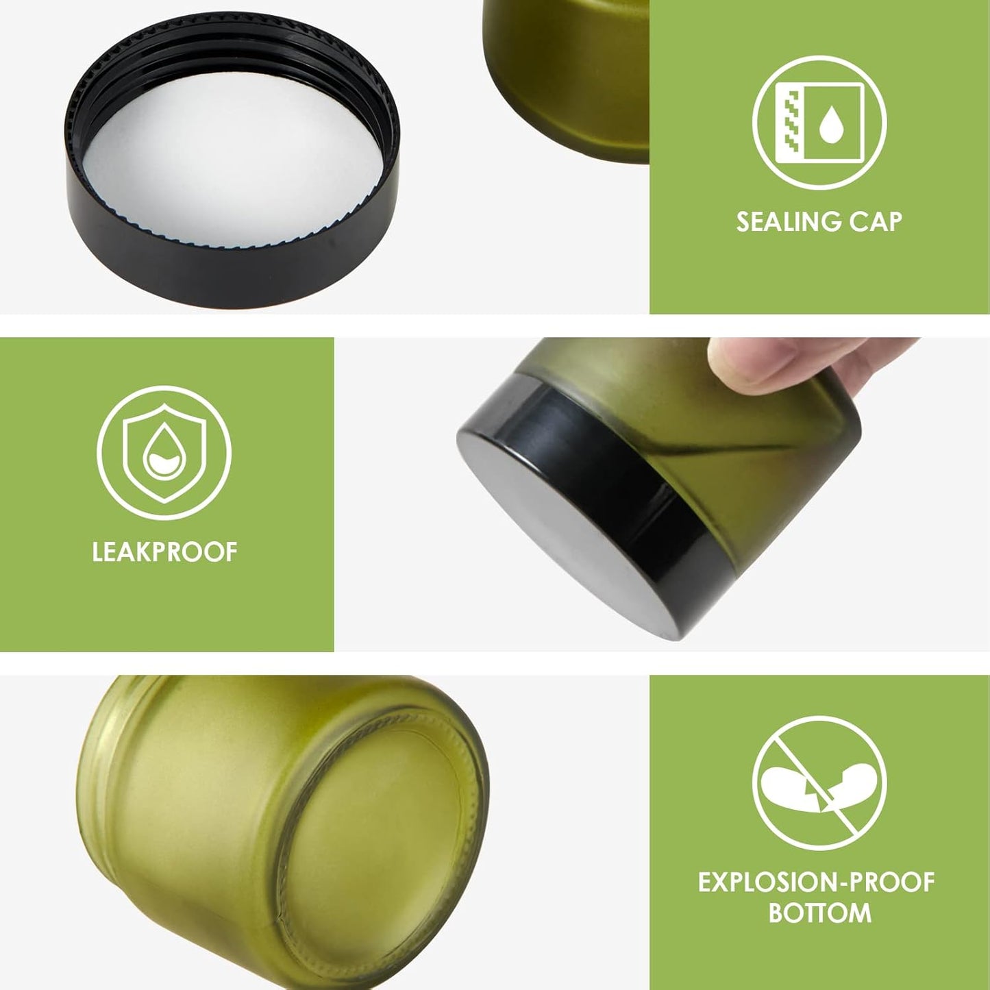 2oz Jars with Lids, HOA Kinh 24 Pack Green Frosted Glass Jars with Lids Empty Cosmetic Containers Round Airtight Glass Jar with Black Lids for Storing Lotions Powders Ointments