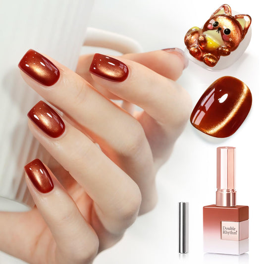 Double Rhythm 0.5 Oz Cat Eye Gel Polish with Magnet Same Color Same Bottle Holographic Glitter Shimmer Translucent Color Salon 15 ML Magnetic Nail Art (Red Brown-MC1279) | alldaygood beauty