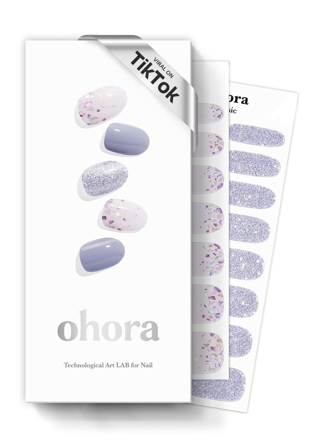 ohora Semi Cured Gel Nail Strips (N Afterglow) - Blue, Glitter, Works with Any UV/LED Lamps, Salon-Quality, Long Lasting, Easy to Apply & Remove - Includes 2 Prep Pads, Nail File & Wooden Stick