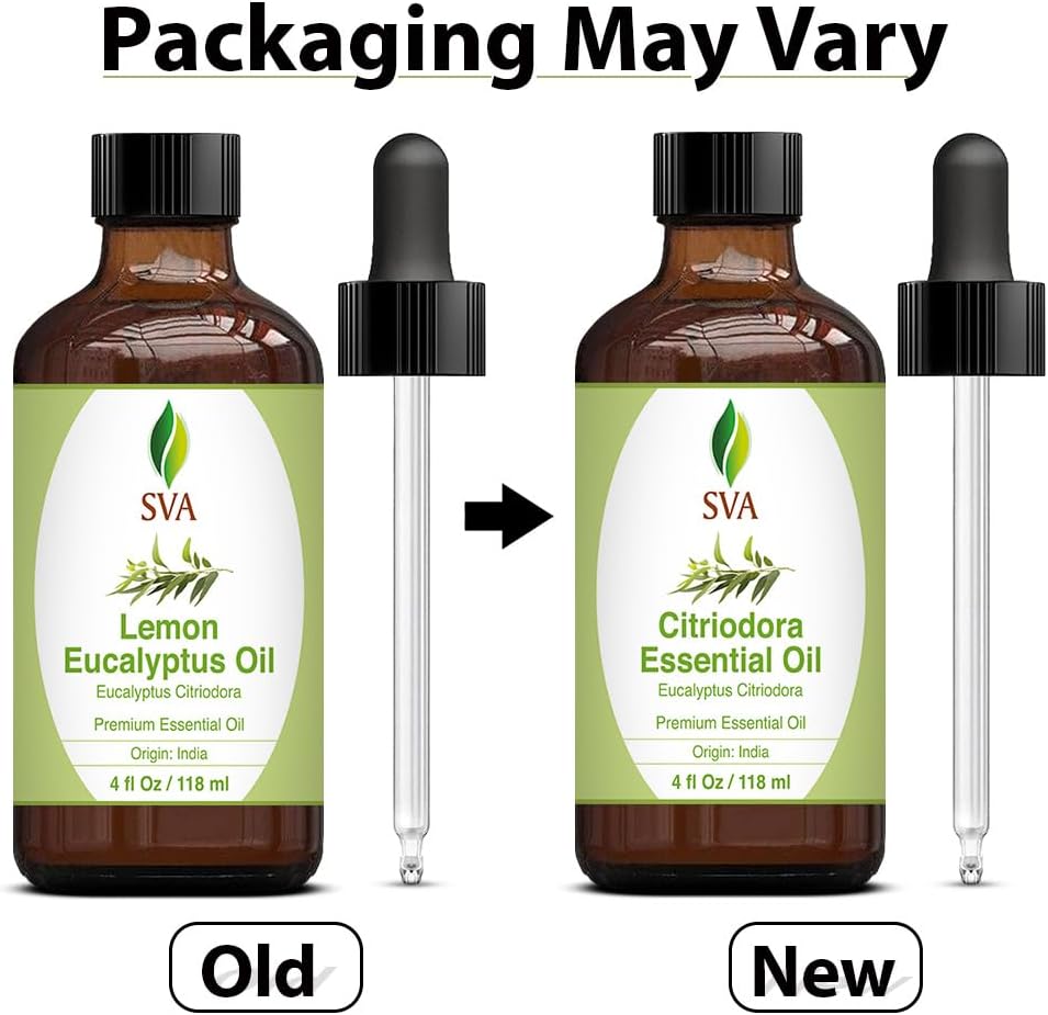 SVA Lemon Eucalyptus Essential Oil – 4 Fl Oz – 100% Natural Citriodora Oil - for Diffuser, Hair Care, Face, Skin Care, Aromatherapy, Scalp and Body Massage, Soap and Candle Making – with Dropper