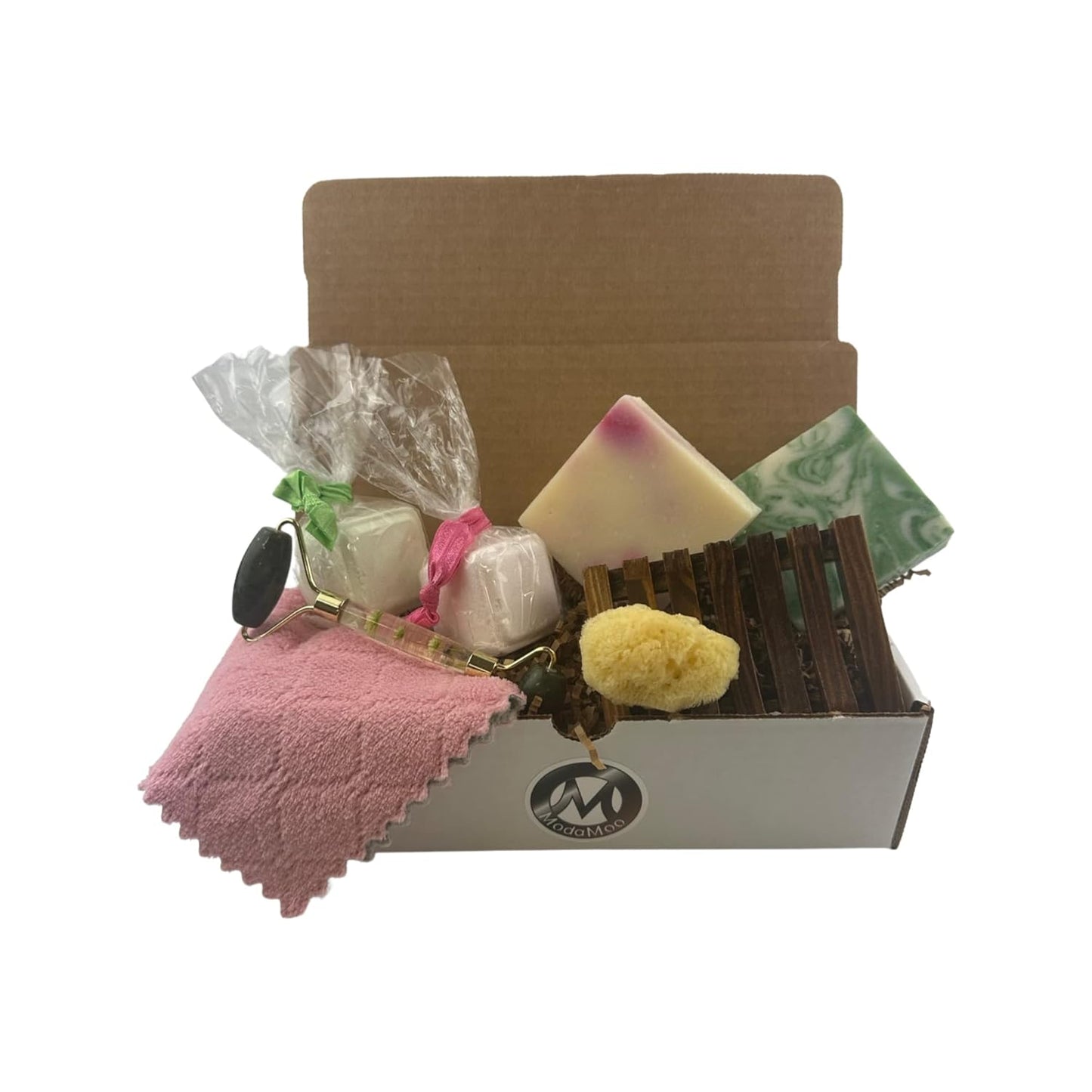 ModaMoo's Day Spa Gift Box Set. Cucumber Melon and Asian Tea Blossom Soaps, Jade Roller, Sea Sponge, and More