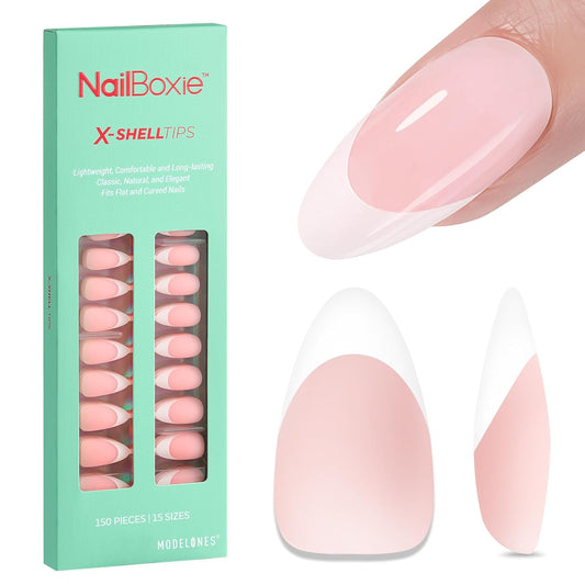 modelones French Tip Press on Nails, 150Pcs M-Almond Fake Nails with Nail Box, Pink & White Gel Nail Tips for Women, Soft Glue-On Nails for Natural Salon Look, DIY Nail Art Kit (15 Sizes) | alldaygood beauty