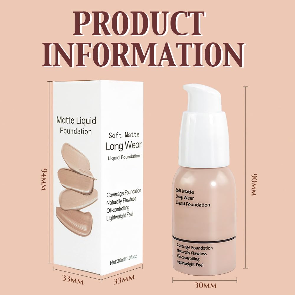 2Pcs Matte Liquid Full Coverage Foundation, Flawless Soft Matte 24HR Oil Control Full Coverage Foundation Makeup for Women, Long-Lasting Waterproof Full Coverage, 01#Nude (01+01, Pack of 2)