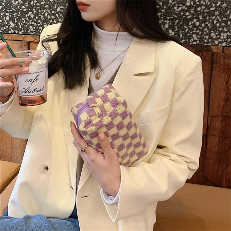 PAZIMIIK Checkered Makeup Bag for Purse Portable Zipper Make Up Pouch Small Cosmetic Case for Travel Accessories (6PCS Purple)