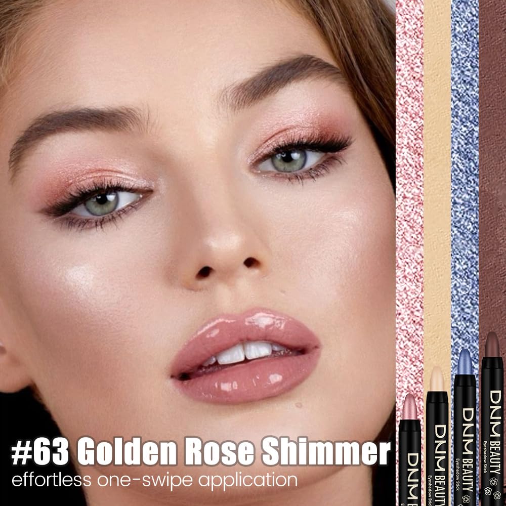 evpct Gold Rose Shimmer Cream Eye Shadow Sticks Brightener Pencils for Women, Rose Silky Eyeshadow Applicator Stick Pen Waterproof, Blendable Crease-Proof Stick Eyeshadow Shimmer Eye Makeup 63
