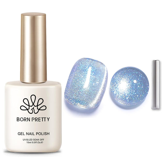 BORN PRETTY Cat Magnetic Eye Gel Nail Polish Light Blue Holographic Glitter Gel Polish Glass Magnetic Gel Gift 15ML | alldaygood beauty