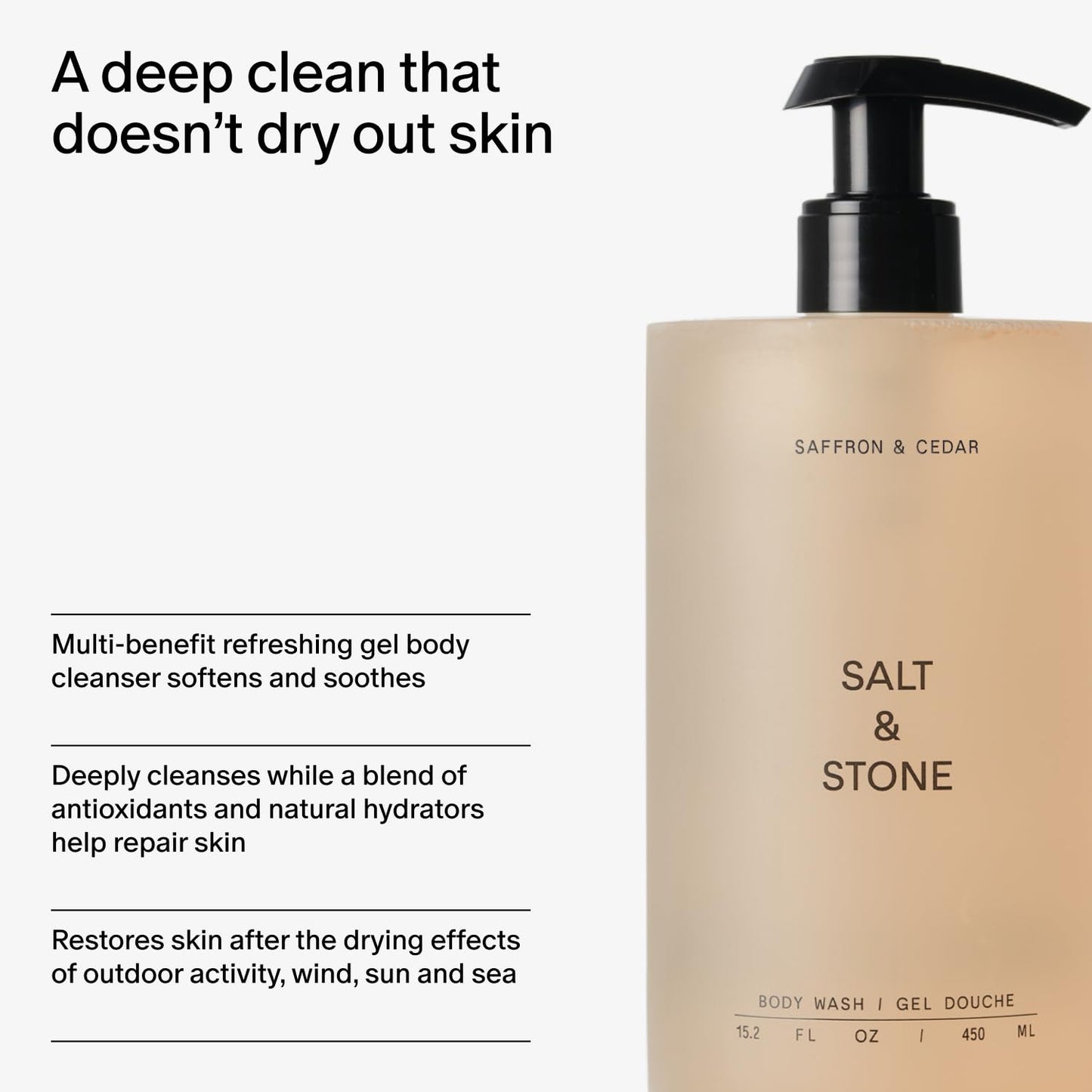 Salt & Stone Body Wash with Antioxidants for Deep Moisture | For Women & Men, Sulfate, Paraben, & Dye Free, Leaving Skin Soft and Hydrated | Saffron & Cedar 32 fl oz
