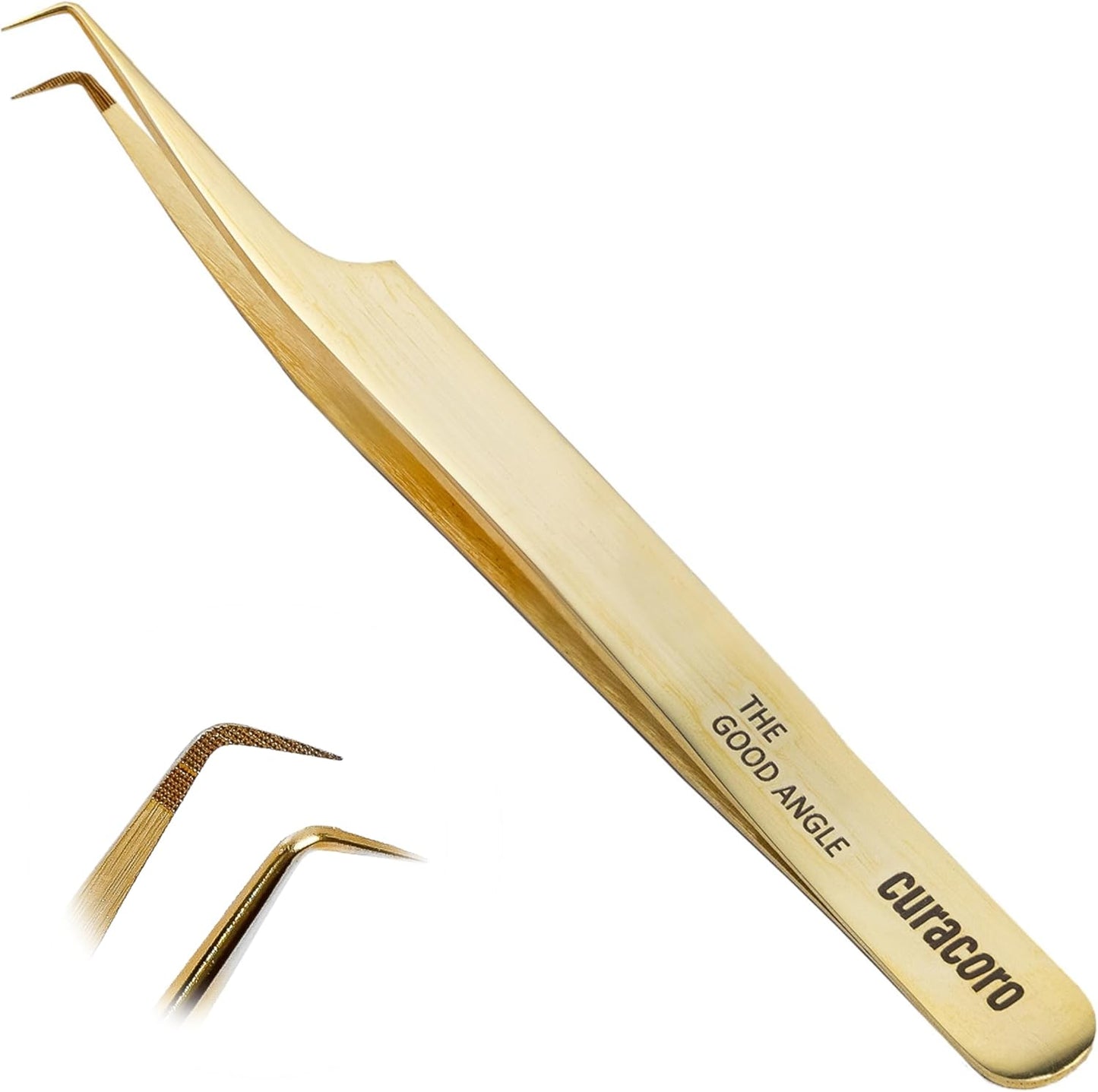 Curacoro Lash Tweezer - Professional & Precision Fiber Tip Grip Lash Tweezers for Eyelash Extensions, Multi Shapes & Purposes Tweezers for Volume, Isolation & Classic Lashes (Gold, The Good Angle)
