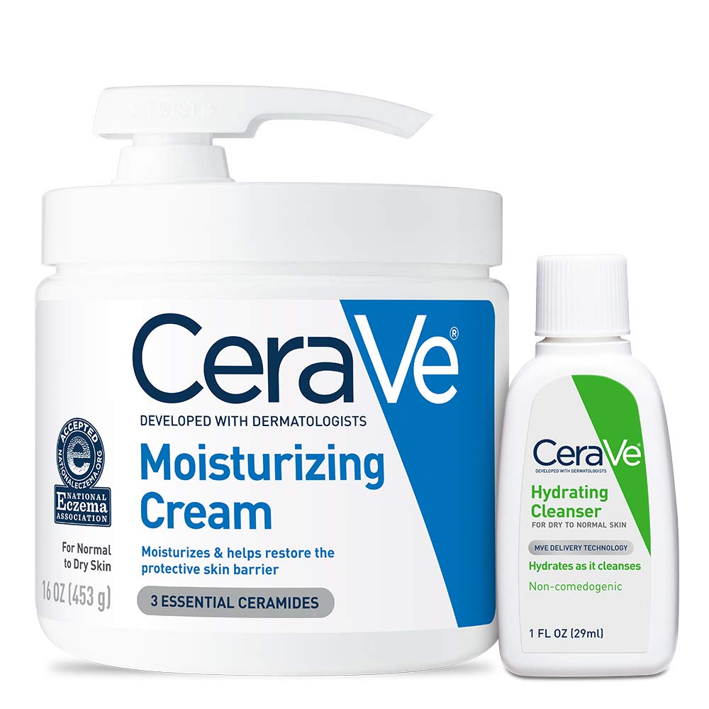 CeraVe Moisturizing Cream & Hydrating Facial Cleanser Skin Care Set, Combo Pack For Dry Skin Relief, Travel Essentials, 1oz Cleanser + 16oz Cream With Pump