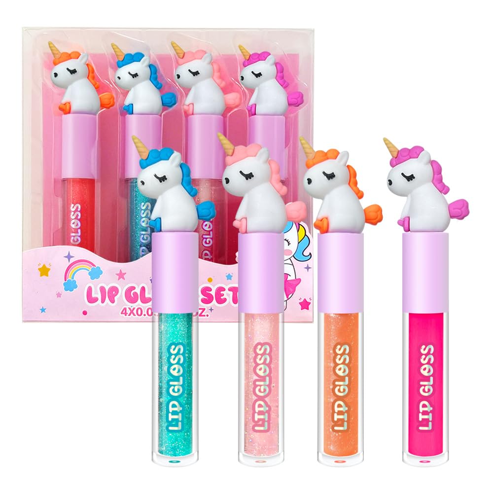 M&U MAKE YOU UP 4pc Unicorn Lip Gloss Stick for Girls- Party Favors Glossy Lip Set with Magic Topper, Girls Birthday Gift, Princess Theme Gift (4 Pack) - Non Toxic