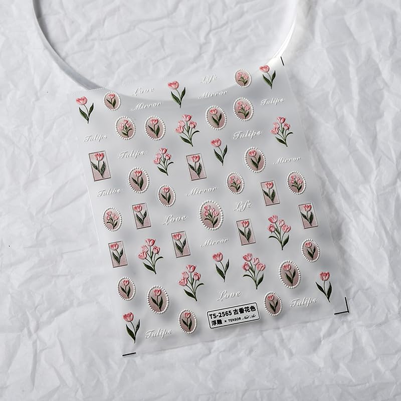 Flower Nail Stickers 5D Embossed Nail Art Stickers Decals Self-Adhesive Pink Tulips Floral Nail Supplies Spring Nail Art Design Decoration Accessories