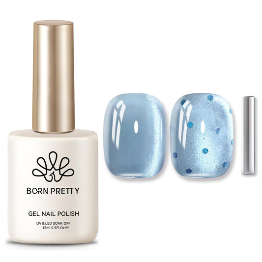 BORN PRETTY Cat Magnetic Eye Gel Nail Polish, Blue Glitter Cat Magnetic Gel Nail Polish, Crescent Bay Magnetic Nail Polish for Nail Art Manicure Salon DIY at Home 15ML | alldaygood beauty