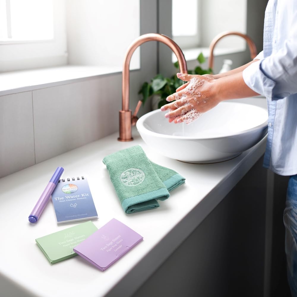 The Water Kit by Two Sage Sisters - Self Care Kit with Soap Sheets, Notebook, Marker, and Washcloth, Bath Shower Sets for Meditation and Relaxation, Mini Spa Kit Self Care Box for Women and Men