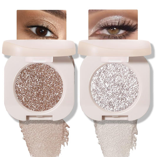 2Pcs Glitter Shimmer Sparkle Eyeshadow Palette Makeup For Women, Light Brown & Silver Glitter Shimmer Metallic Holographic Multichrome Cream Iridescent Single Monochrome Eye Shadow Makeup | alldaygood beauty