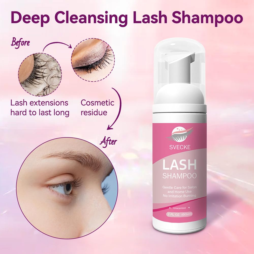 Lash Shampoo Kit, 2 fl.oz / 60ml Eyelash Cleanser, Eyelash Shampoo for Lash Extensions, Lash Cleaning Kit with Lash Fan Dryer, Eyelash Remover for Salon and Home Use