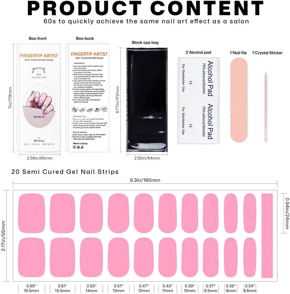 Semi Cured Gel Nail Strips with Heart/Love Designs Gel nail stickers Purple Glitter Nail strips stickers Salon Quality & Easy to Use 20 Pcs for Women