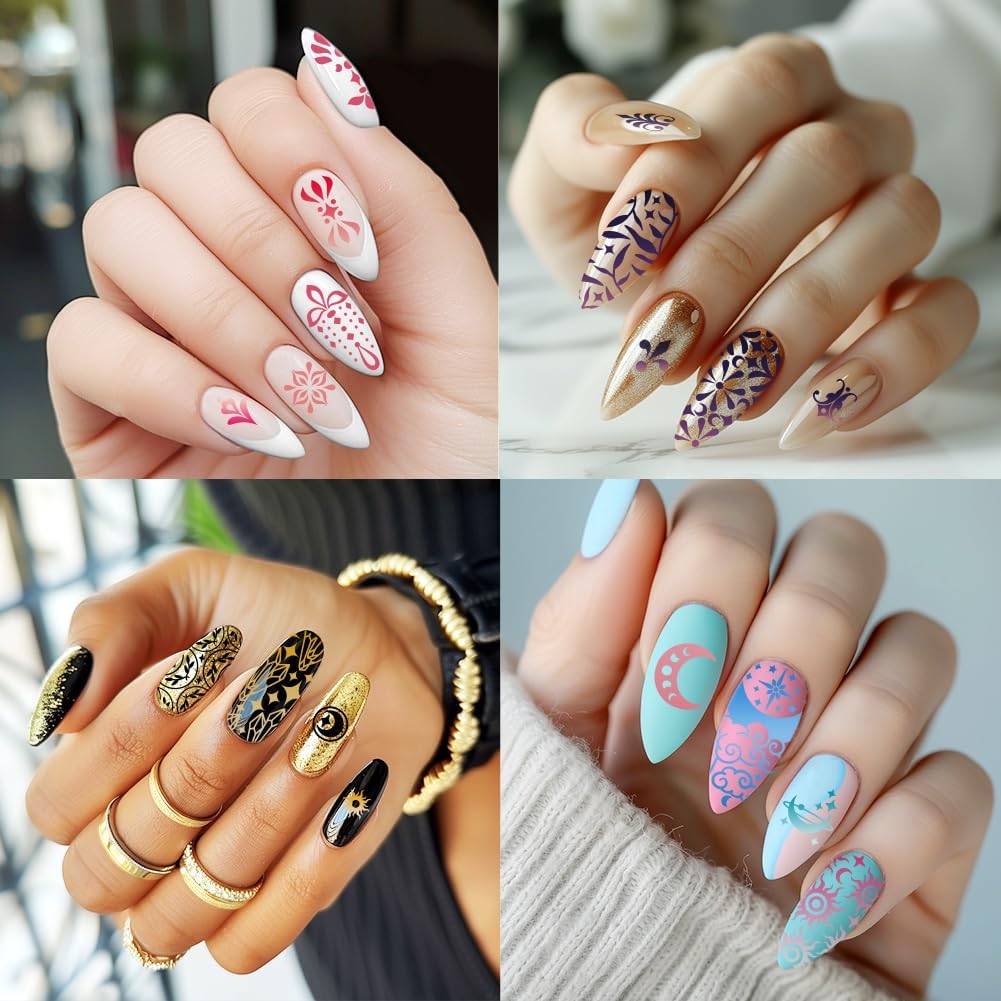 3Pcs Moon Nail Stamping Plate Set Star Sun Meteors Bohemia Stainless Steel Nail Stamp Templates Clear Silicone Nails Stamping with Stamper Scraper for Manicure Printing