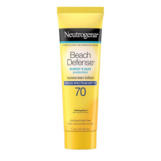 Neutrogena Beach Defense Water Resistant Sunscreen Body Lotion with Broad Spectrum SPF 70, Oil-Free, PABA-Free & Fast-Absorbing, Oxybenzone-Free, Travel Size, 1 oz, 48 Pack | alldaygood beauty