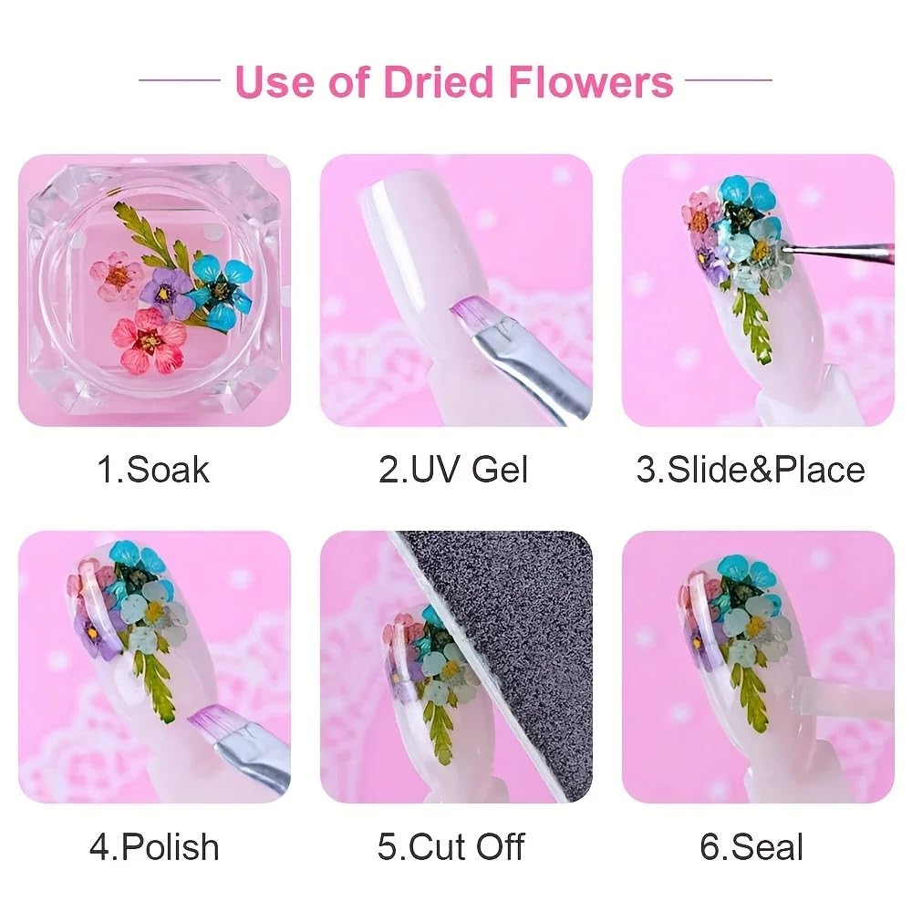 1Box Dried Flowers Nail Art Stickers 12 Colors Dry Flowers Mini Real Natural Flowers Nail Decals 3D Gypsophila Floral Nail Sticker for Women Manicure Decoration Makeup DIY Accessories