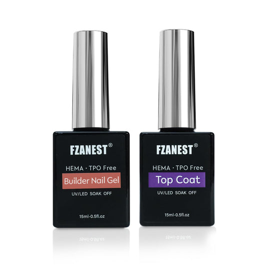 FZANEST Builder Nail Gel and Top Coat, 15ml * 2Pcs Hema & TPO-Free Builder Gel Nail Kit Strengthen Extension No Wipe Ultra Shine Top Coat Nail Polish Soak Off UV Led | alldaygood beauty
