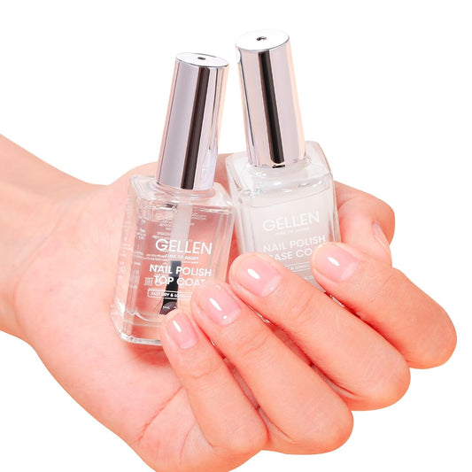 GELLEN Clear Nail Polish Base and Top Coat, Shine No Wipe Top Coat and Tinted Milky White Sheer Base Coat Strengthens Nails - Calcium, Quick Dry Regular Nail Polish, Not UV Gel, Hema Free, Non-toxic | alldaygood beauty