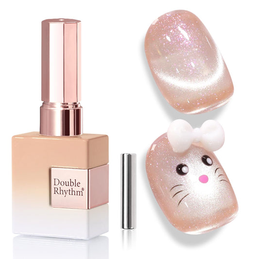 Double Rhythm 0.5 Oz Cat Eye Gel Polish with Magnet Same Color Same Bottle Holographic Glitter Shimmer Translucent Color Salon 15 ML Magnetic Nail Art (Nude Apricot-MC1159) | alldaygood beauty