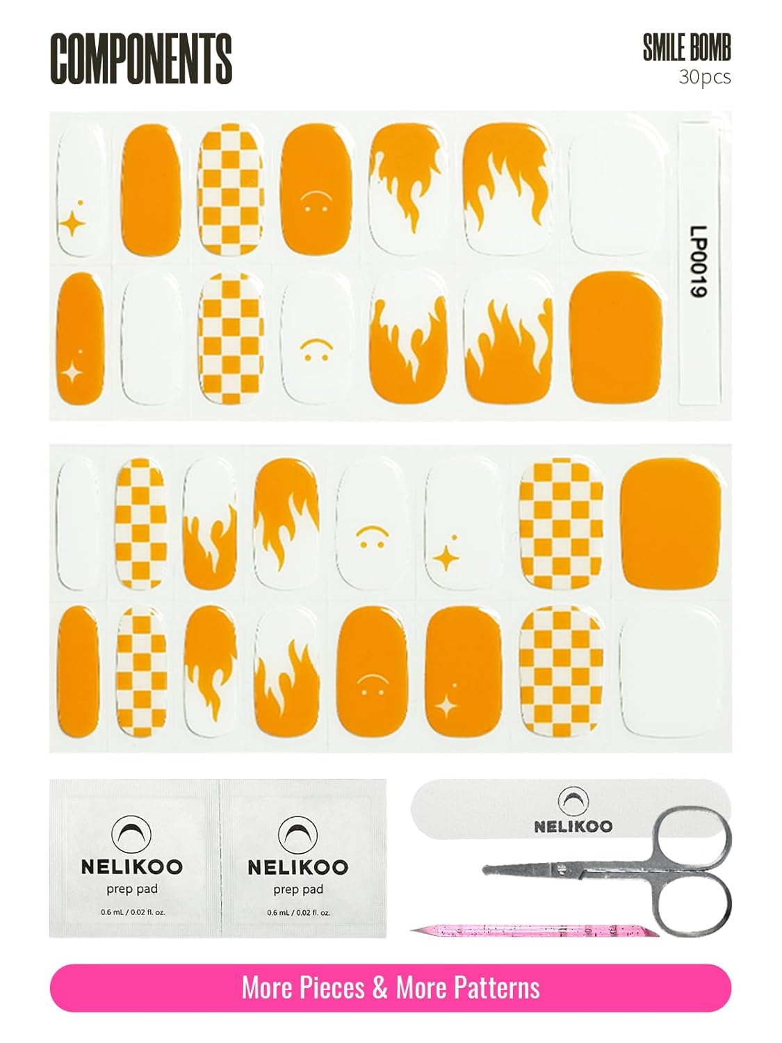 Semi Cured Gel Nail Strips, 30pcs Gel Nail Wraps, 2 Weeks Long Lasting Ice Age, Smile Bomb