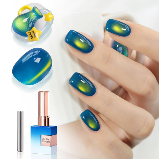Double Rhythm Jelly Glass Cat Eye Gel Polish with Magnet 15ML Holographic Glitter Shimmer Translucent Sheer Color Magnetic Nail Polish Salon DIY at Home (Golden Blue-MC1255) | alldaygood beauty
