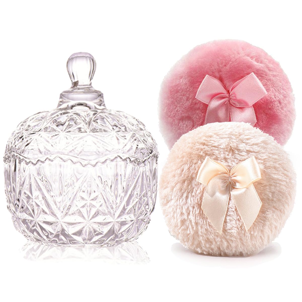 Luxury 4 Inch Glass Loose Powder Container with 2 Soft 3.5" Puffs｜Non-Sealed Refillable Organizer Storage for Body Powder Makeup & Jewelry & Setting Applicator(Crown-Clear)