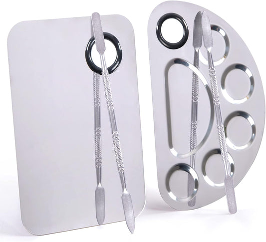 Makeup Palette, Makeup Mixing Palette, Stainless Steel Metal Foundation Palette with Spatula Artist Tool for Mixing Foundation Nail-Art, Cosmetic Mixing Makeup Palette, Makeup Plate, 6×4"/Silver/2pcs