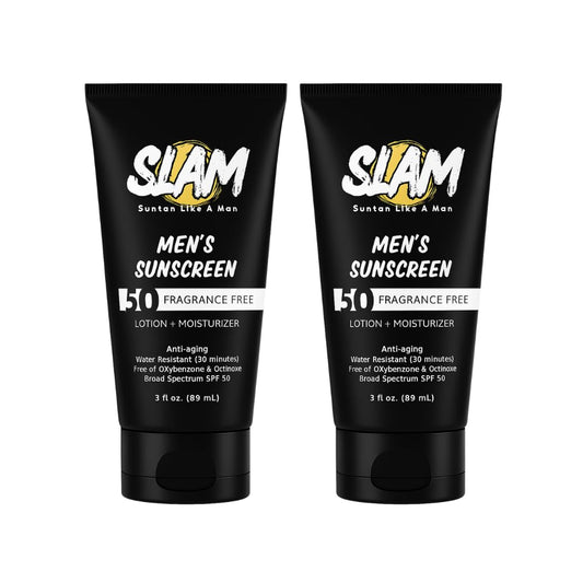 SLAM Men's Sunscreen Lotion SPF 50 & Moisturizer – Face & Body Sunblock, Anti-Aging, Water-Resistant, Hawaii Act 104 Safe, Skincare for Men, Unscented – 3 fl oz.each. Double pack. | alldaygood beauty