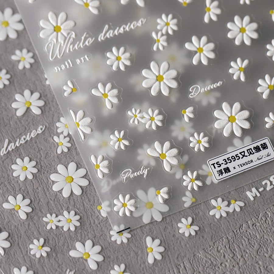 Flower Nail Stickers 5D Embossed Nail Art Stickers Decals White Daisy Floral Nail Design Stickers for Women Girls Self-Adhesive Nail Art Decoration