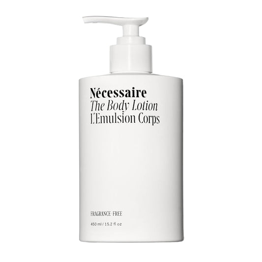 Nécessaire The Body Lotion with Pump. Fragrance-Free. Multi-Peptide Firming Lotion to Moisturize, Firm, Strengthen. 2.5% Niacinamide, Vitamin C/E + Omega 6/9. 450ml / 15.2 fl oz | alldaygood beauty
