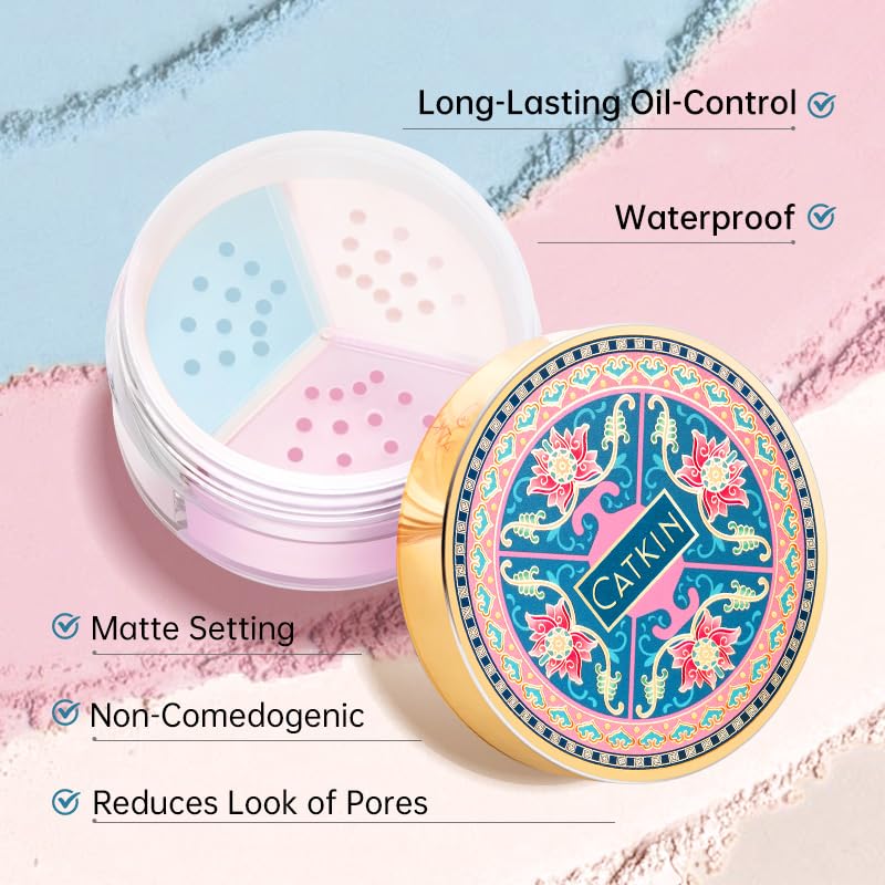 CATKIN Loose Setting Powder - Translucent Matte Finishing Powder, 3 Colors Even Skin Tone, Oil Control Makeup Pore Minimizing Powder with Velour Puff (0.42oz, C04 Matte for Dry Skin)