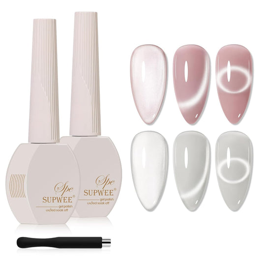 2PCS 15ML Cat Eye Gel Nail Polish,Sliver Pink Glass Cat Eye Gel Polish Clear Glassy Shimmer Glitter Effect with Magnetic Stick Soak Off Salon DIY at Home | alldaygood beauty