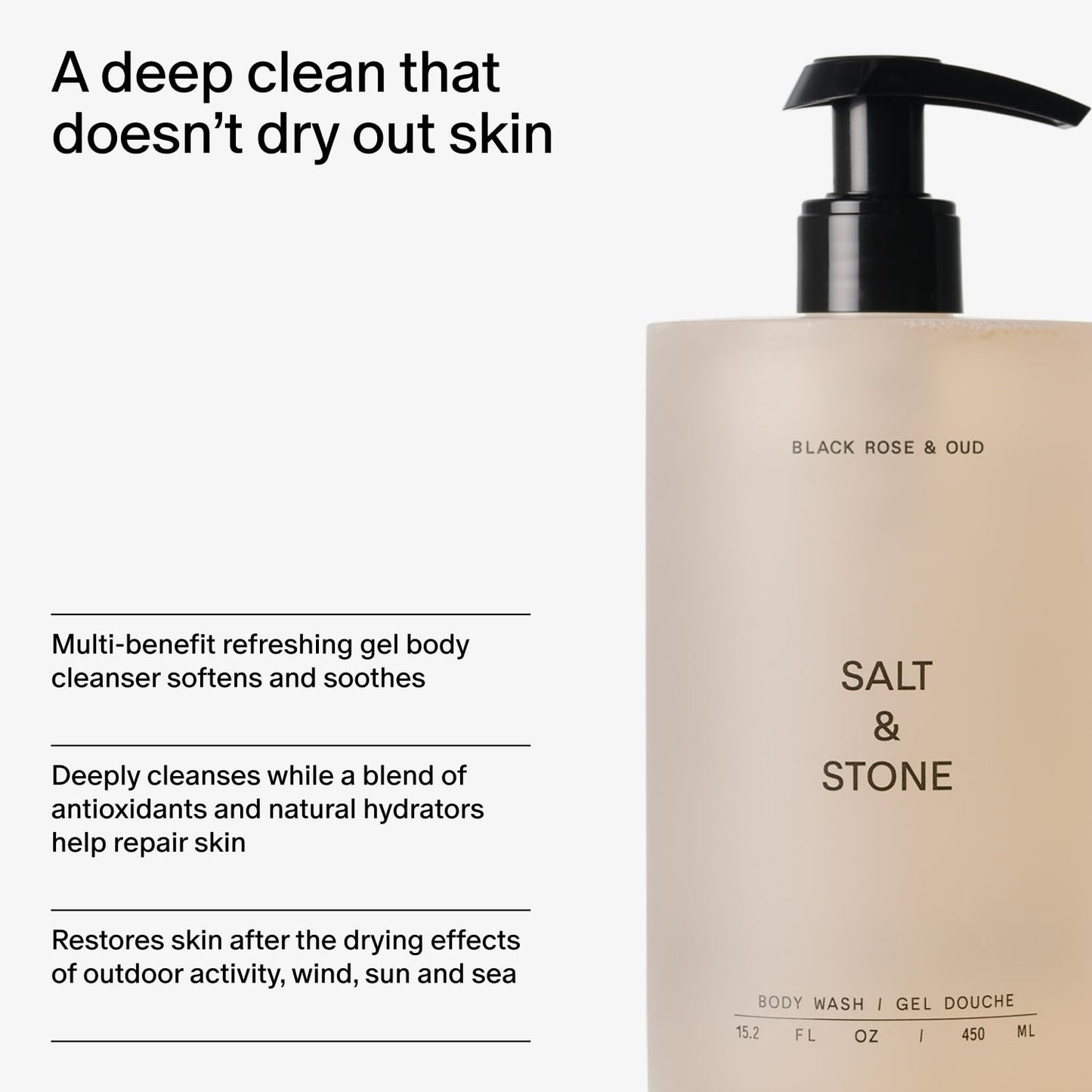 Salt & Stone Body Wash for Women & Men | Black Rose & Oud | Hydrating Gel Cleanser | Clean & Soften Skin | Made with Niacinamide & Hyaluronic Acid | Free From Parabens, Sulfates & Pthalates 15.2 fl oz