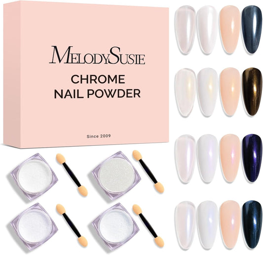 MelodySusie 4Pcs Chrome Nail Powder for Gel Nails, Aurora Fine Glitter Powder Mirror Effect Pigment Pearlescent Mermaid Pigment Pearl Glitter for Home DIY Salon Use | alldaygood beauty