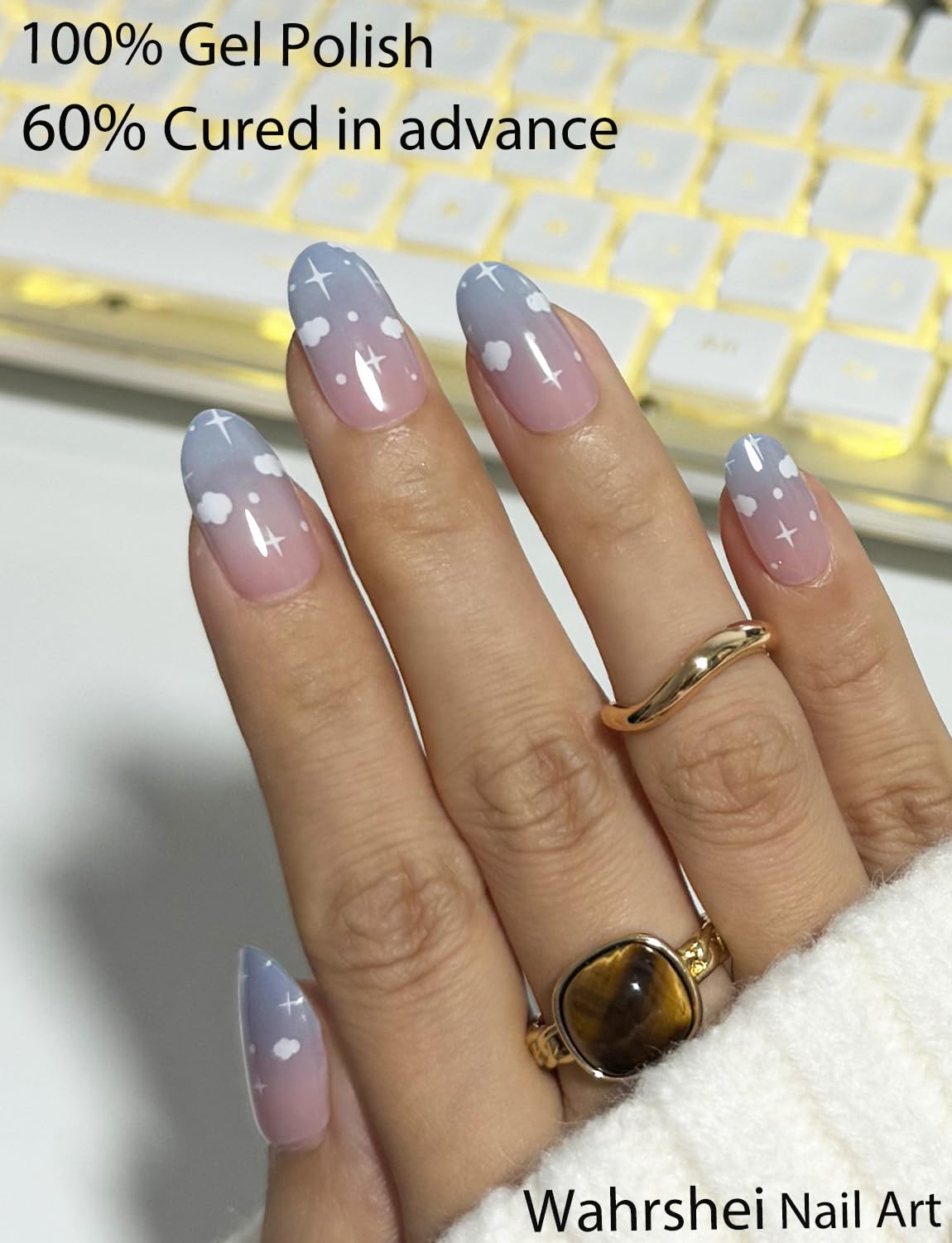 Semi Cured Gel Nail Strips, 20pcs Clound Gel Nail Stickers UV for Home Nails DIY