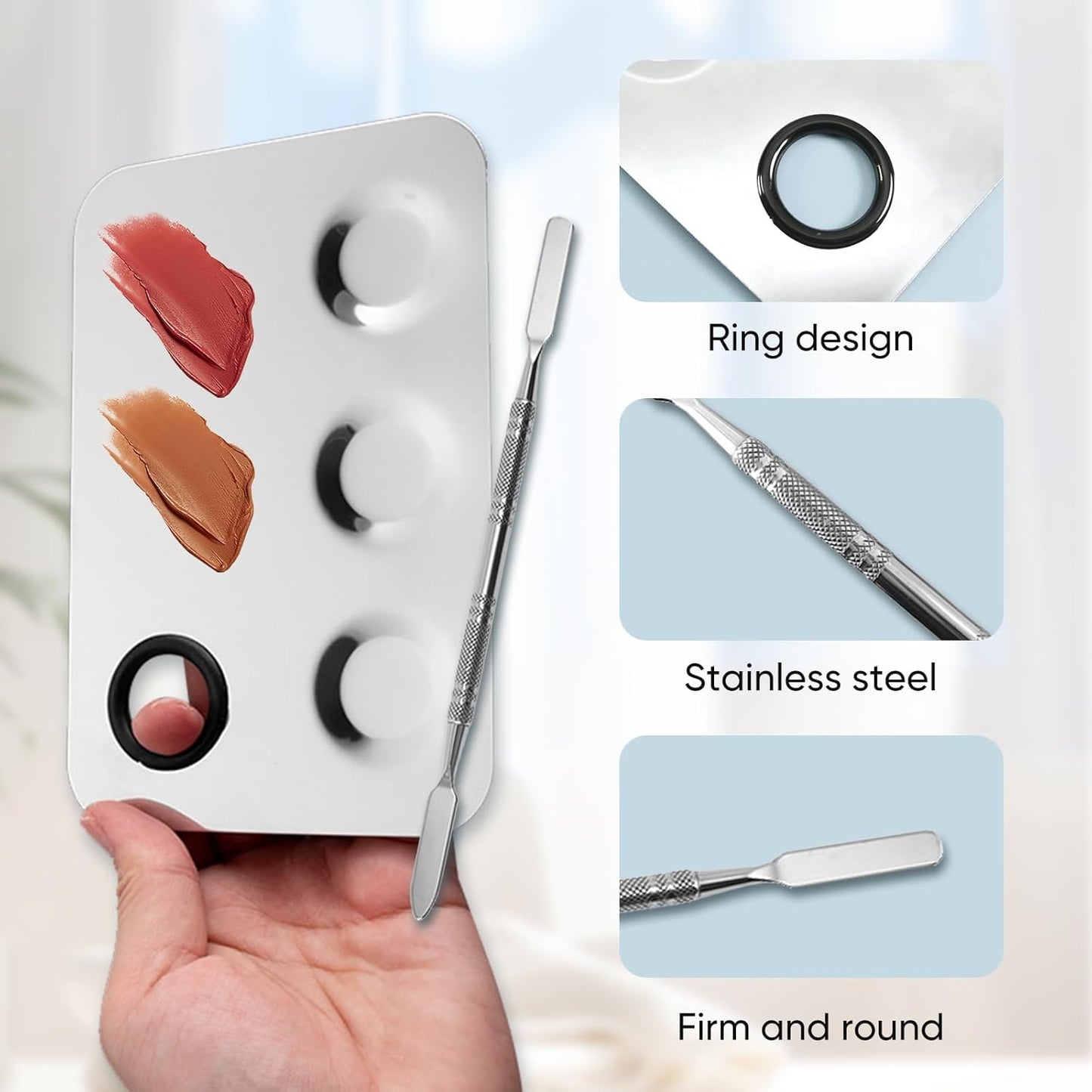 Stainless Steel Cosmetic Palette with Spatula, 3-well Mixing Makeup Palette and 3-dents Nail-art Mixer Metal Tray, also Fine Eyeliner Brush and Powder Puffs .Professional Makeup Palette with Spatula