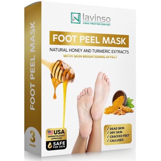 Lavinso Honey Feet Peeling Mask for Dry Cracked Feet - 3 Pack - with Kojic Acid Skin Brightening Effect - Exfoliating Dead Skin and Calluses - Foot Peel Mask for Baby Soft Feet