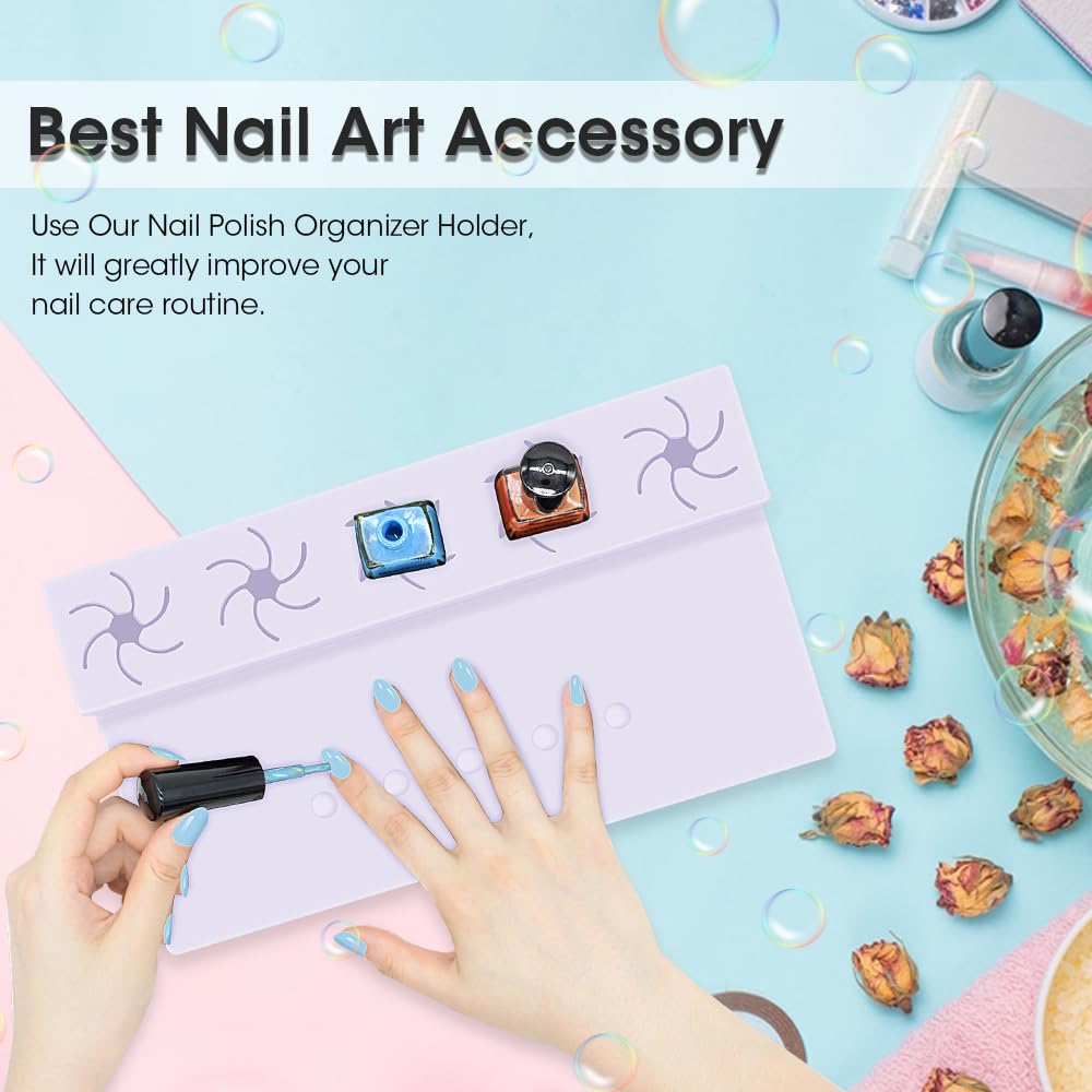 Nail Polish Holder, Silicone Hand Rest Mat Fingernail Painting Tools 2 in 1 Art Accessories Organizer Case Set with Anti-Spill Bottle Stand and Finger Separators for Pedicure Manicure-Purple