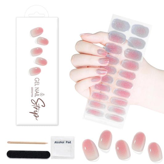WOKOTO 1 Sheet Semi Cured Gel Nail Strips With Wood Stick, Nail File & Prepared Pads, 20 Tips Shimmery Pink Ombre Semi Cured Nail Polish Strips Stickers, Harden With UV Light Gel Nail Stickers Wraps | alldaygood beauty