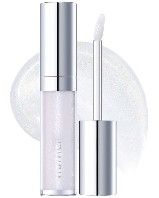 VIDIVICI Millennial Lip Oil #02 Illumination - Non-Sticky Dewy Gloss for Moisturized & Voluminous Lips - Illuminating Transparent Lavender-Blue Glitter Lip Makeup, 0.12 fl.oz.